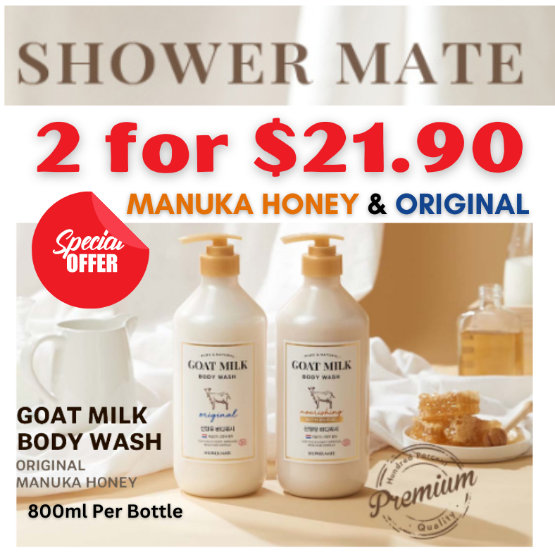 ShowerMate Goat Milk Body Wash Original 800ml + Goat Milk Manuka Honey 800ml (2 FOR $21.90) Expiry Year 2027