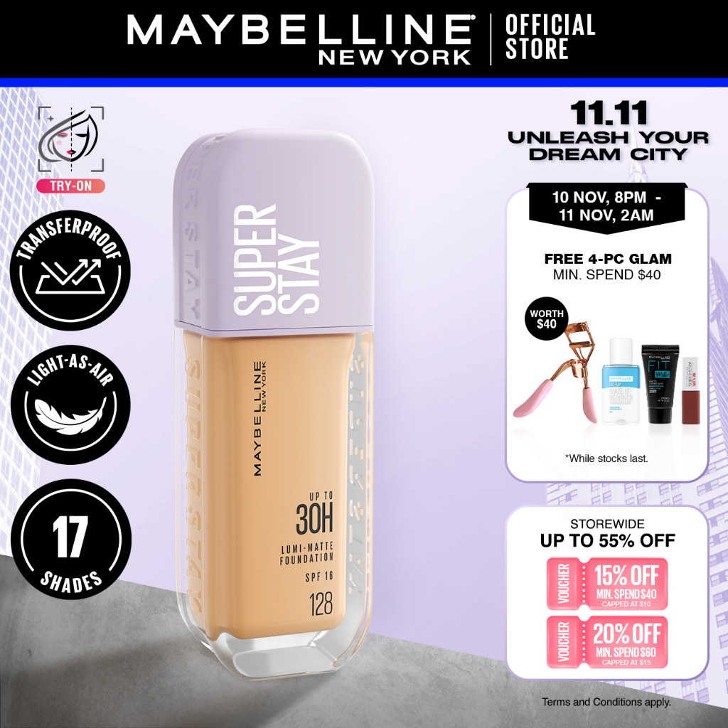 Maybelline Super Stay Lumi-Matte Foundation 30H Longwear Light-as-Air Lightweight Waterproof Full Coverage