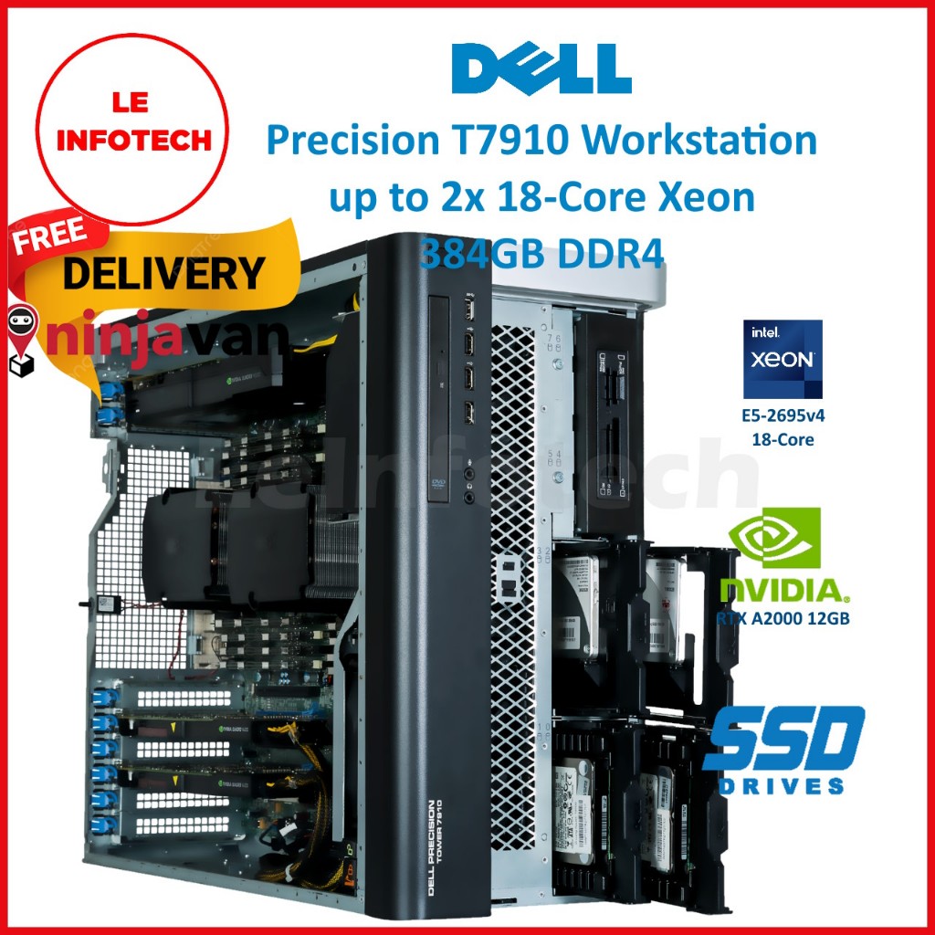 DELL Precision T7910 Workstation Desktop Intel Xeon E5-2699v3 2x18Core 64-384GB 512GB SSD HDD Quadro 2GB W10Pro Used