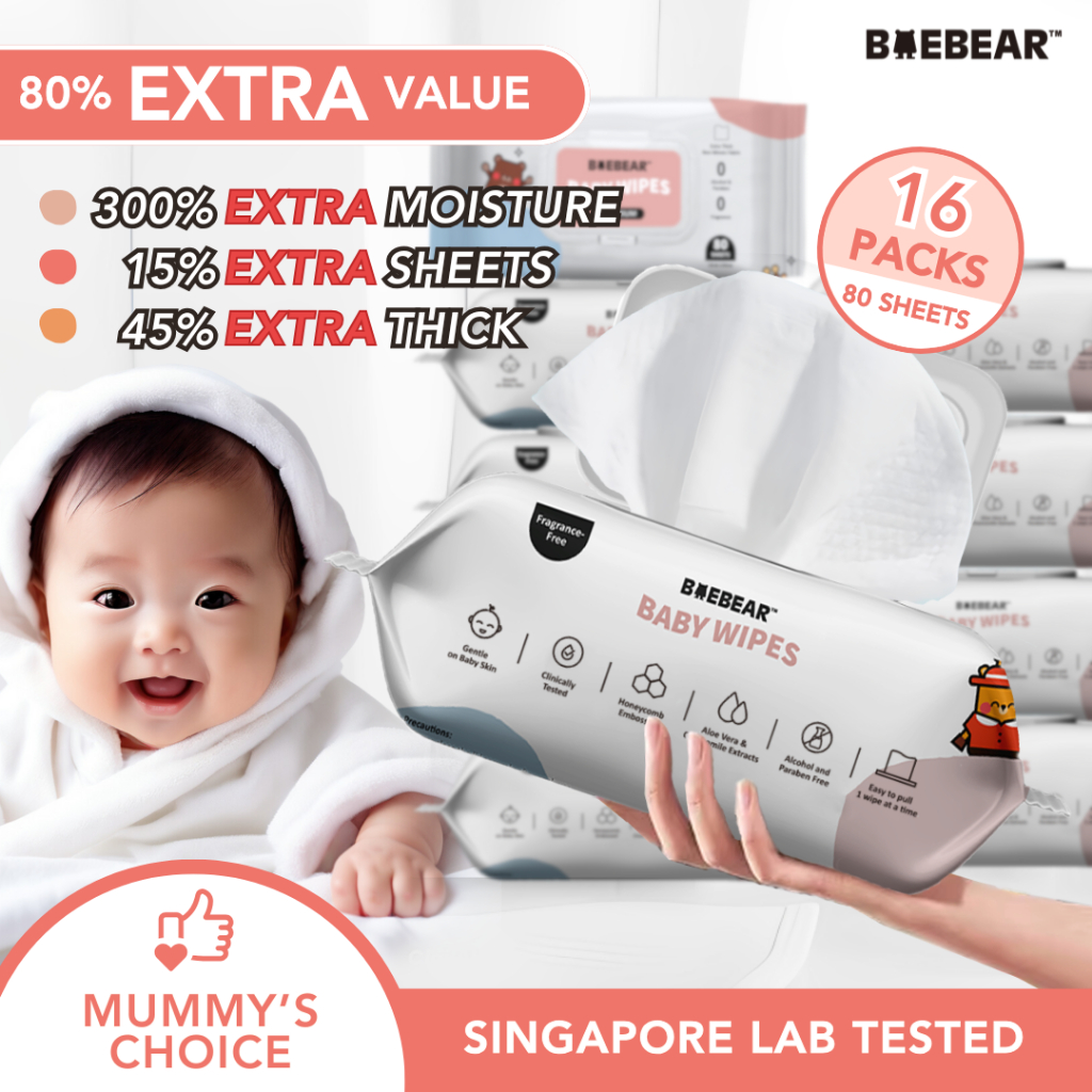 BAEBEAR Premium Baby Wet Wipes 80 Sheets | Extra Thick & Big 65gsm | Safe & Gentle for Baby Skin [Baebear.sg]