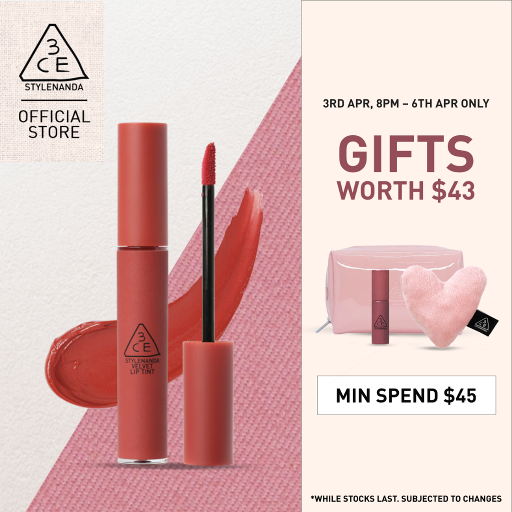 3CE Velvet lip tint lipstick, smooth matte creamy airy texture, with rich pigments for soft-blurred comforting look.