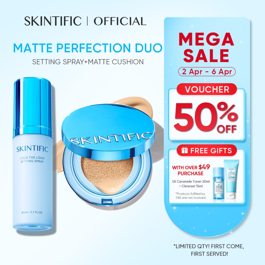 SKINTIFIC Matte Setting Spray 80ml & Matte Cushion - Full Coverage Cushion, Setting Spray with Long-Lasting Oil Control