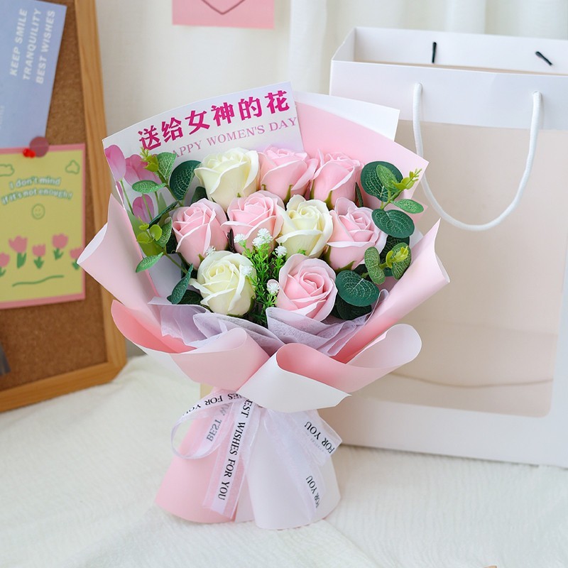 9朵女神粉白玫瑰(粉色包裝),(贈送提袋).可至加購區挑選其他配件