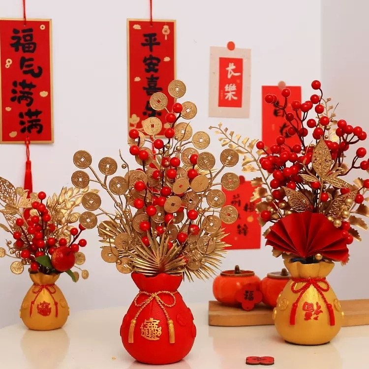 台灣現貨【招財錢袋盆栽】新年開運 平安喜樂祝福字樣 紅盆金盆 玄關櫃檯佈置喬遷送禮 新年佈置 玄關裝飾