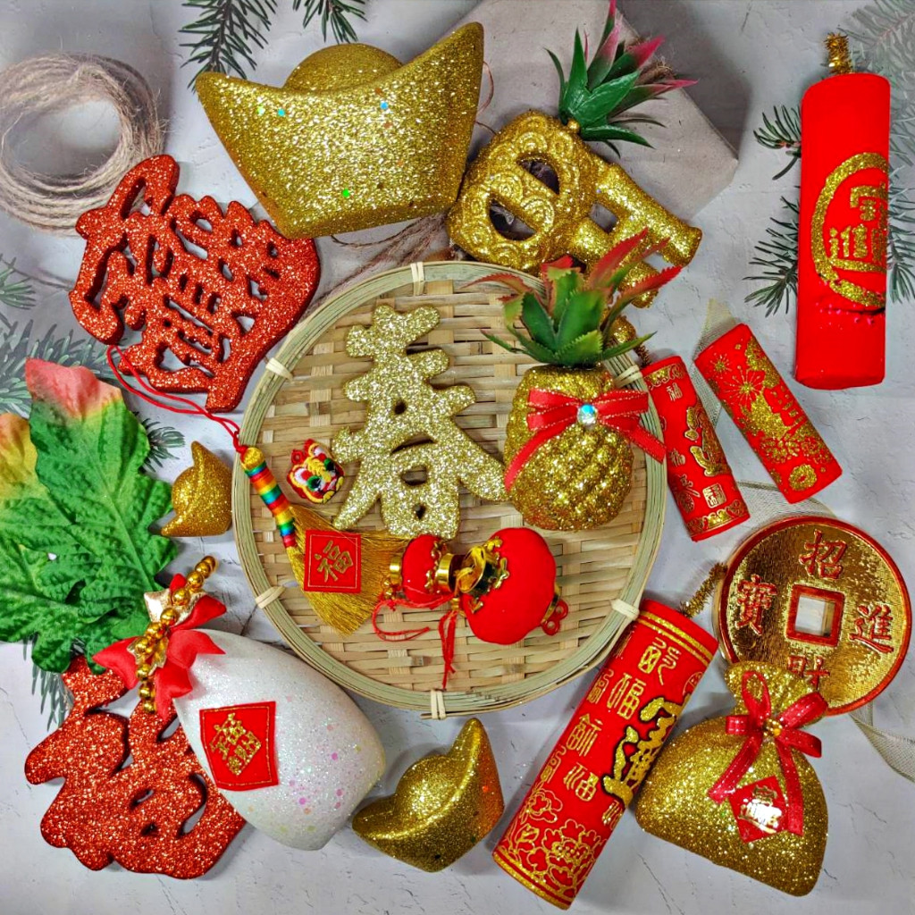 台灣現貨【金蔥年節插枝】新年元寶錢幣鞭炮燈籠插飾 盆栽銀柳花藝招財氛圍 新年佈置