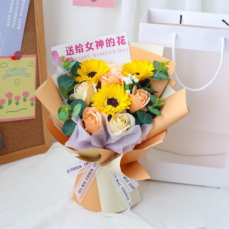 9朵女神向日葵玫瑰(香檳包裝),(贈送提袋).可至加購區挑選其他配件