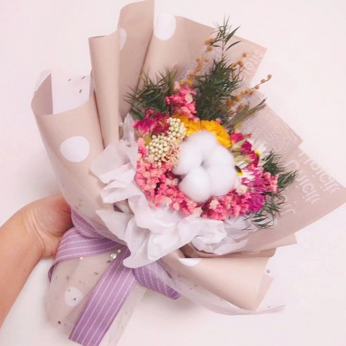 綜合永生乾燥花/棉花款(圓點奶茶色包裝)