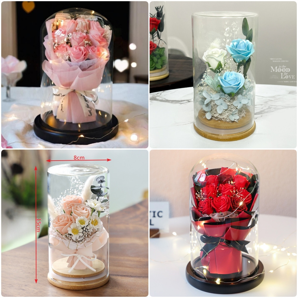 台灣現貨【玻璃花罩香皂花】玫瑰花束防塵展示 送禮免整理 情人節生日紀念 情人節花束 送女友 生日禮物