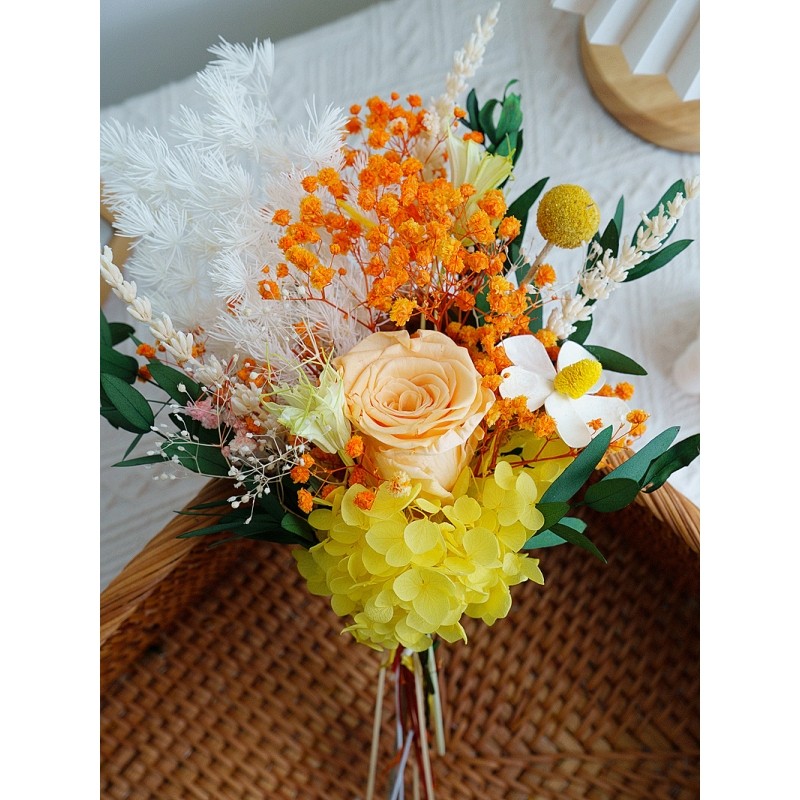 (橘黃色)永生玫瑰繡球羅蘭花,(裸花束)不含花器.加購區可選購花器