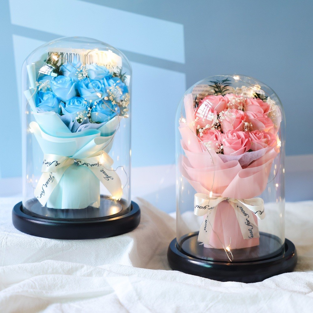 台灣現貨【玻璃花罩香皂花】玫瑰花束防塵展示 送禮免整理 情人節生日紀念 情人節花束 送女友 生日禮物