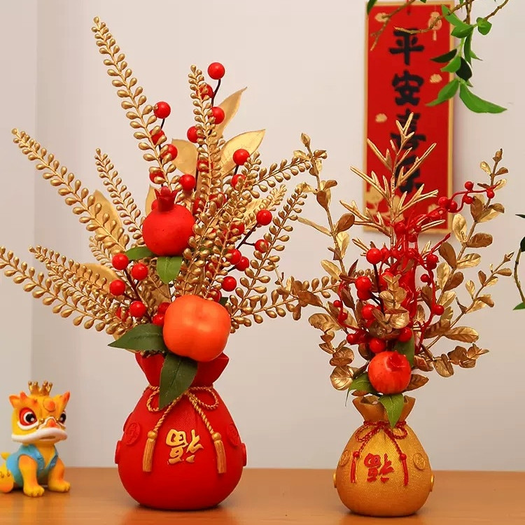 台灣現貨【招財錢袋盆栽】新年開運 平安喜樂祝福字樣 紅盆金盆 玄關櫃檯佈置喬遷送禮 新年佈置 玄關裝飾