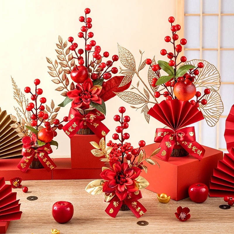 台灣現貨【紅果發財樹擺件】新年桌面紅果招財樹 玄關櫃檯開市佈置 祝賀字樣 新年佈置 玄關裝飾