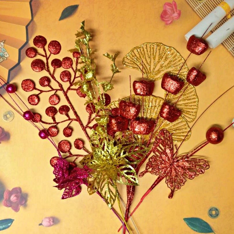 台灣現貨【金蔥裝飾插枝】元寶蝴蝶金錢葉松柏短枝 盆栽銀柳年節佈置配件 聖誕佈置