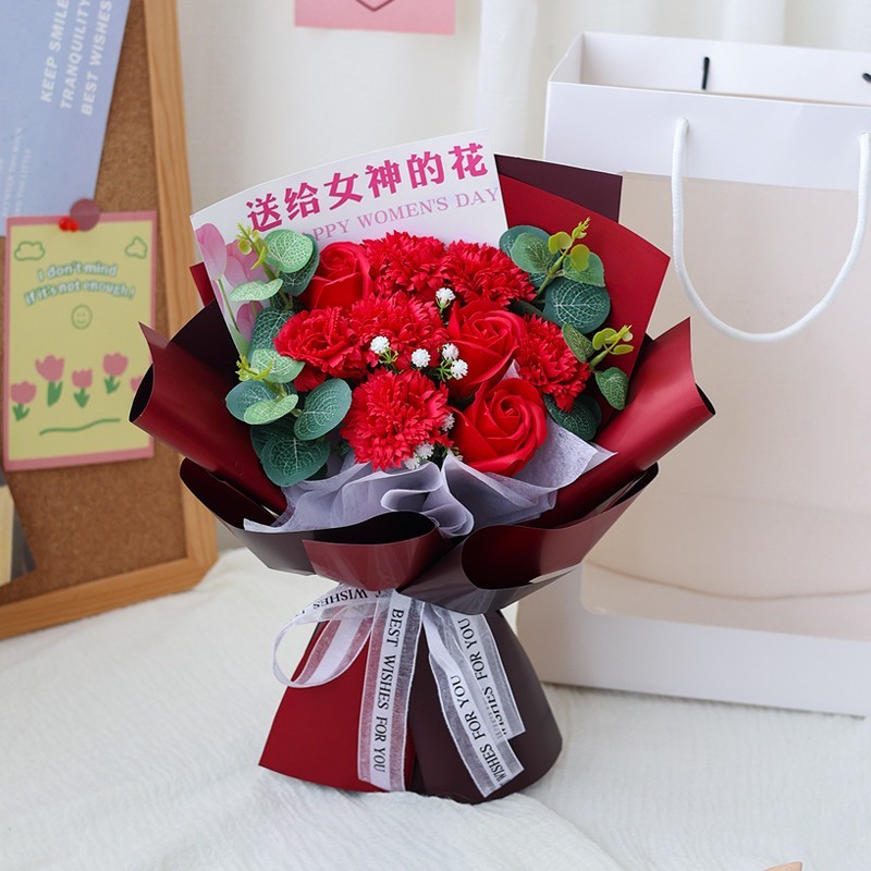 9朵女神紅康乃馨玫瑰(紅黑包裝),(贈送提袋).可至加購區挑選其他配件