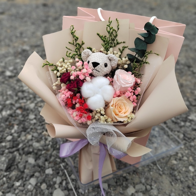 永生玫瑰/米白小熊(奶茶色包裝)