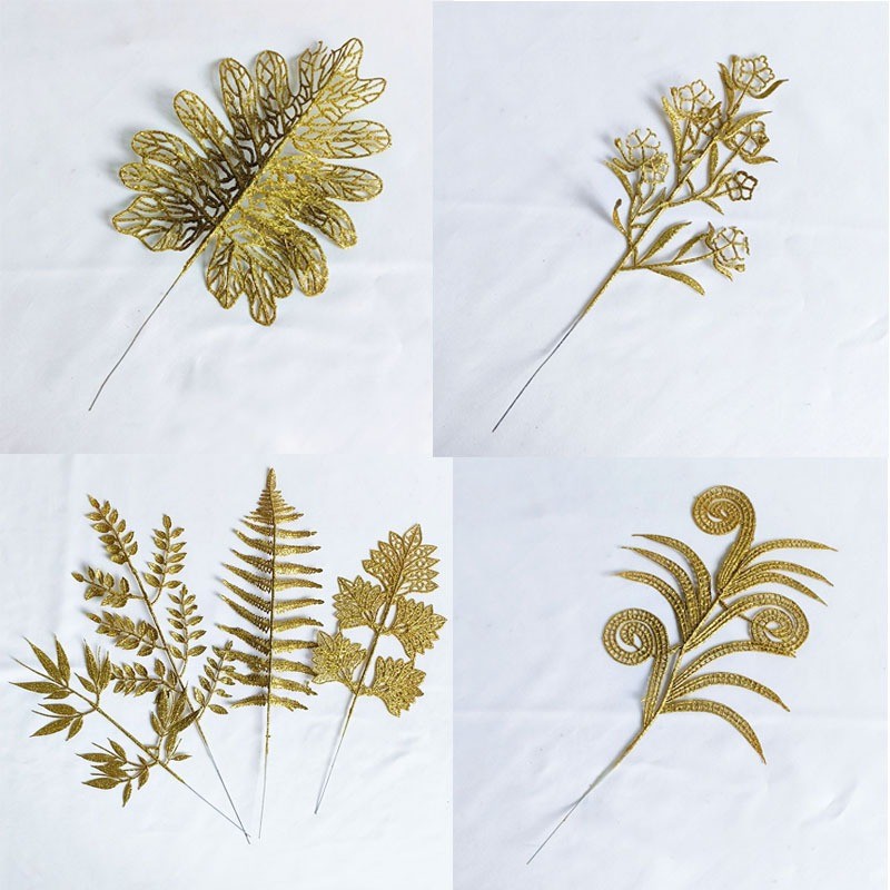 台灣現貨【金色仿真葉材插枝】金粉金蔥冬青松柏球草串珠棒 節慶花藝佈置 聖誕佈置 花藝材料
