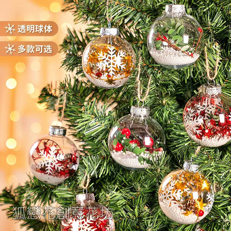 台灣現貨【透明聖誕球掛飾】雪花亮片場景壓克力球 LED燈泡球 聖誕樹櫥窗居家佈置 聖誕佈置 裝飾掛飾