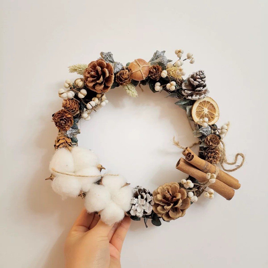 (20cmD款)雙棉花松果果實,(附藤圈)非成品，需DIY手工製作