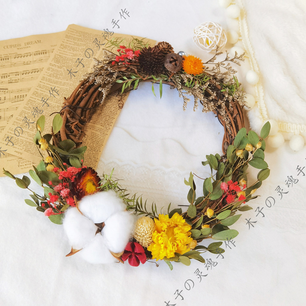 台灣現貨【花環材料包】紅果松果棉花藤圈DIY 多尺寸8-25cm 門掛玄關 聖誕新年手作送禮 DIY材料包 手作材料 花