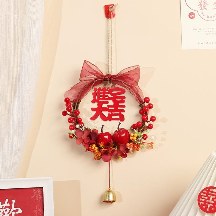 台灣現貨【紅果鈴鐺藤圈】新年花環門掛 玄關門口牆面佈置 祝福字樣柿子橘子蘋果造型 成品免組裝 多尺寸 新年佈置 玄關裝飾