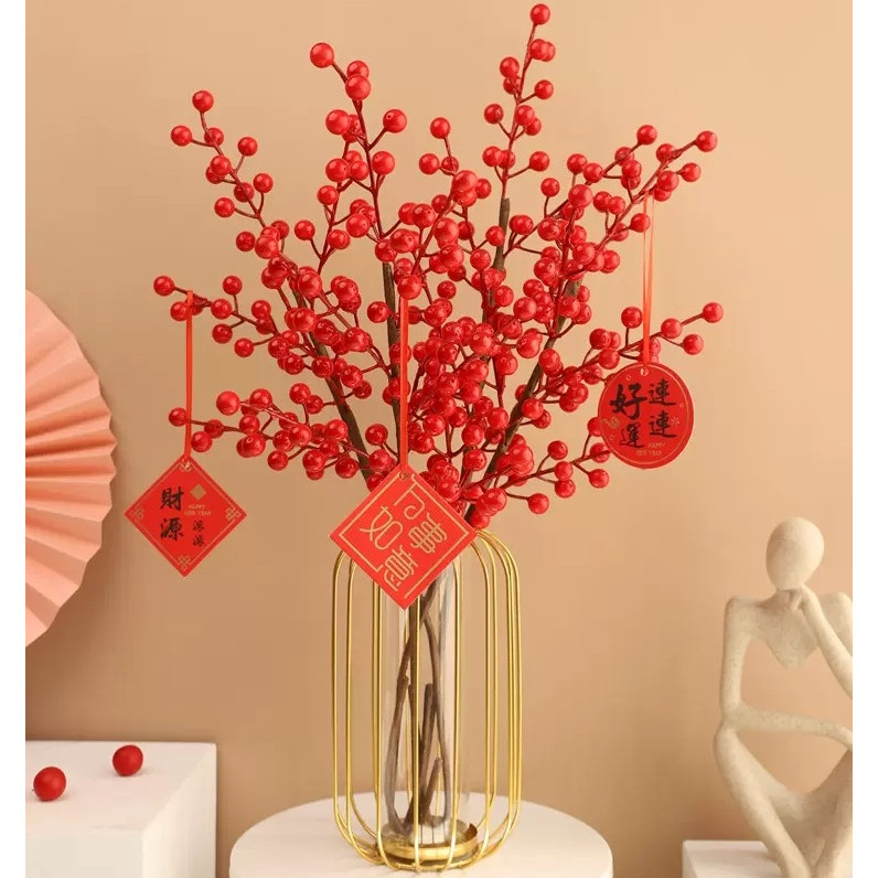 台灣現貨【紅果冬青花材】仿真冬青果串紅果樹發財果插枝 新年盆栽玄關佈置 花圈花藝材料 花圈藤圈 新年佈置