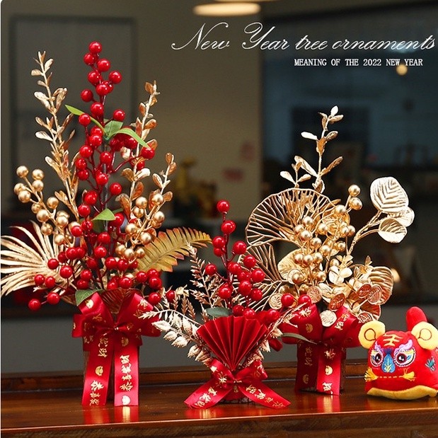 台灣現貨【紅果發財樹擺件】絨布紅果金錢樹紅包樹 桌面玄關櫃檯新年佈置 開運送禮 玄關裝飾