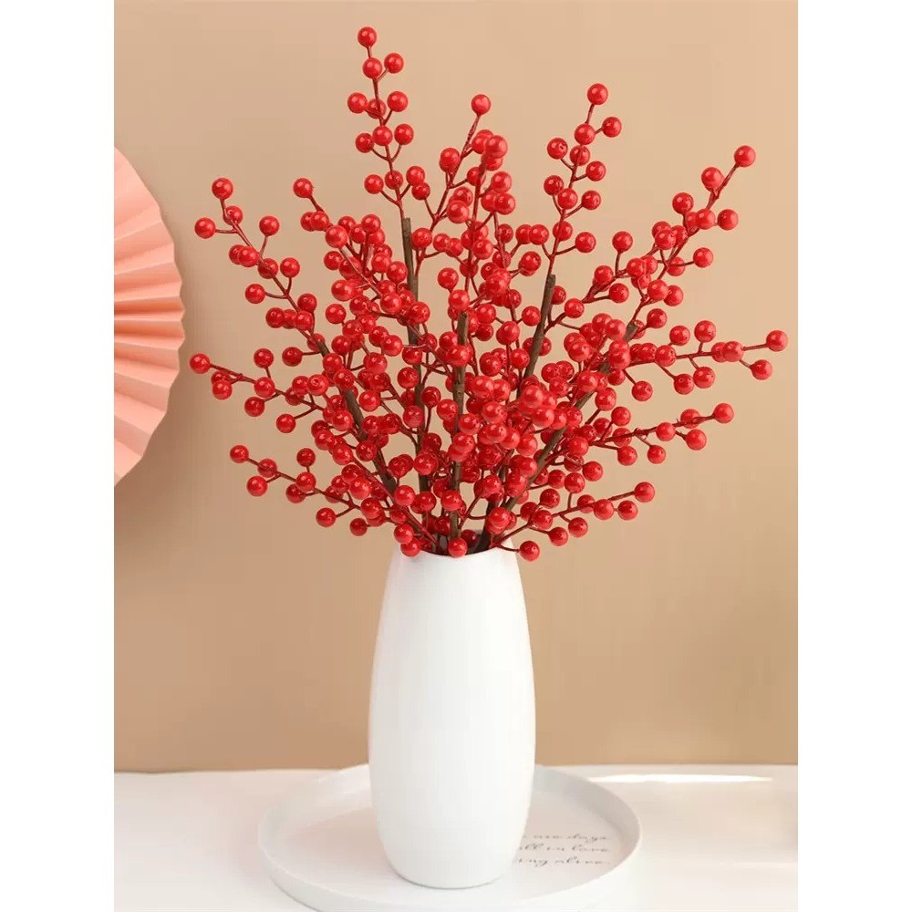 台灣現貨【紅果冬青花材】仿真冬青果串紅果樹發財果插枝 新年盆栽玄關佈置 花圈花藝材料 花圈藤圈 新年佈置