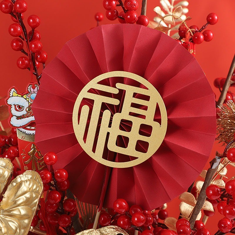 台灣現貨【摺紙圓扇裝飾】福字紅色摺扇亮片箔紙 多尺寸組合 牆面盆栽花藝春節佈置DIY材料 DIY材料包 手作材料 花藝材