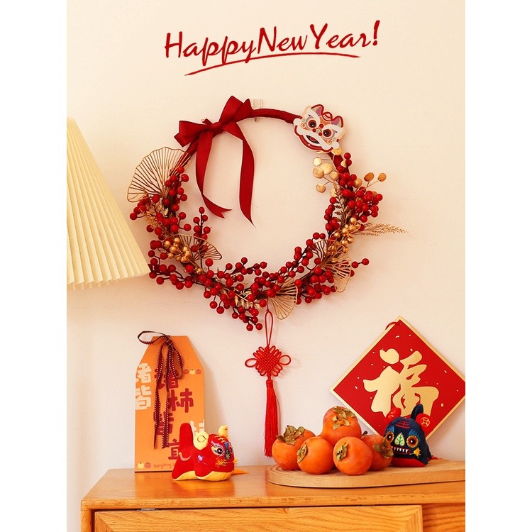 台灣現貨【新年紅果花環掛飾】鈴鐺祝福字牌發財果藤圈 門口玄關牆面佈置 進宅開市送禮 新年佈置 裝飾掛飾 玄關裝飾