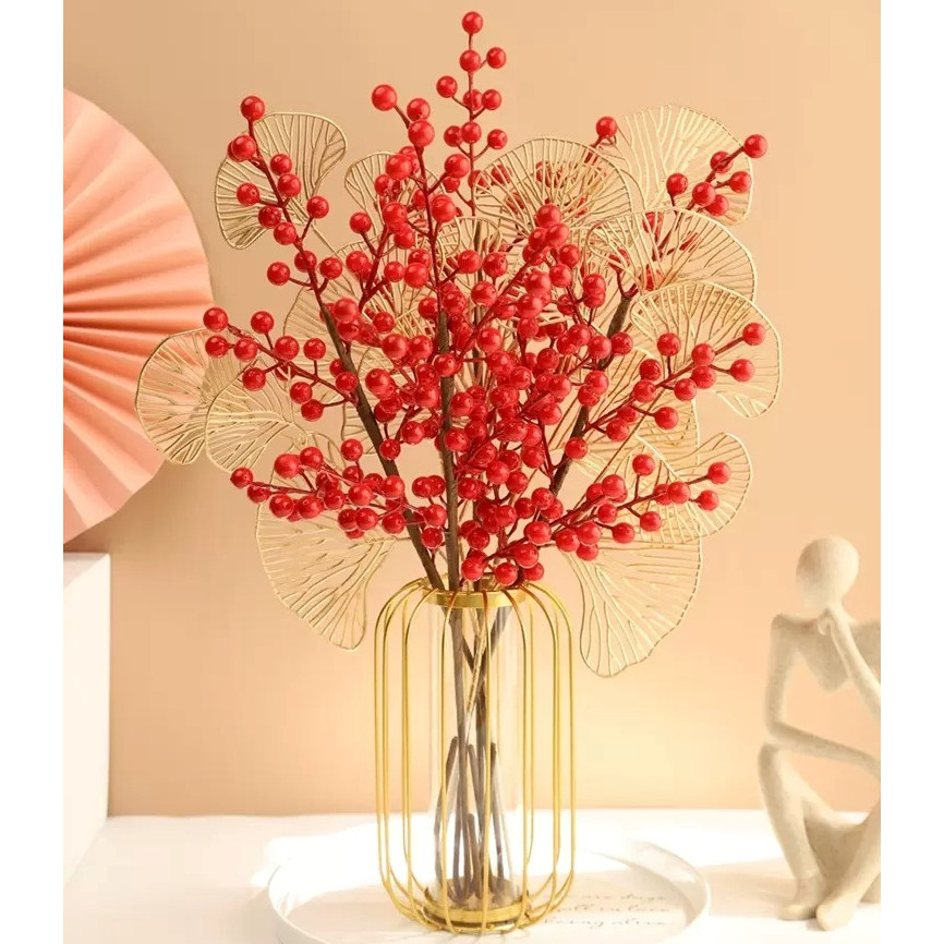 台灣現貨【紅果冬青花材】仿真冬青果串紅果樹發財果插枝 新年盆栽玄關佈置 花圈花藝材料 花圈藤圈 新年佈置