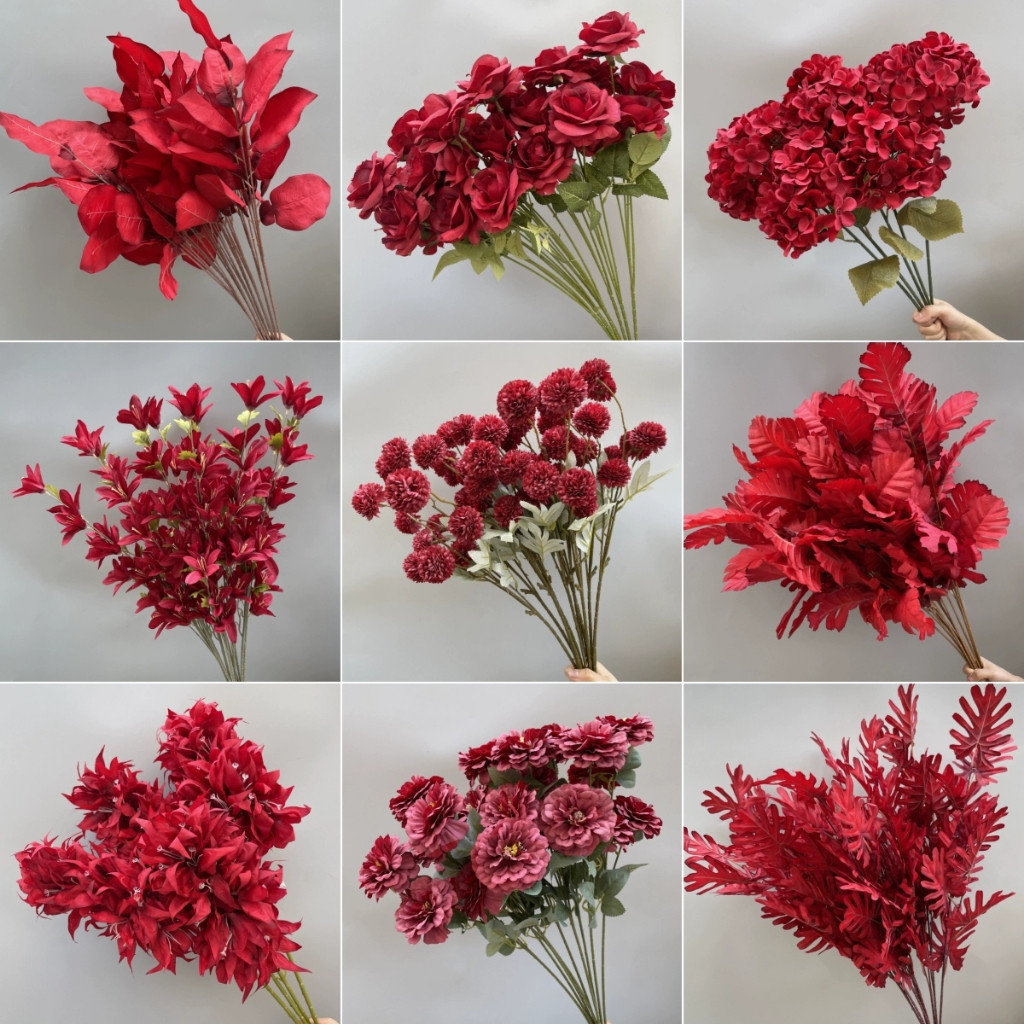 台灣現貨【紅色系仿真花材合集】紅色花材 繡球乒乓菊芍藥尤加利等 插花花束櫥窗活動佈置 新年佈置 花藝材料