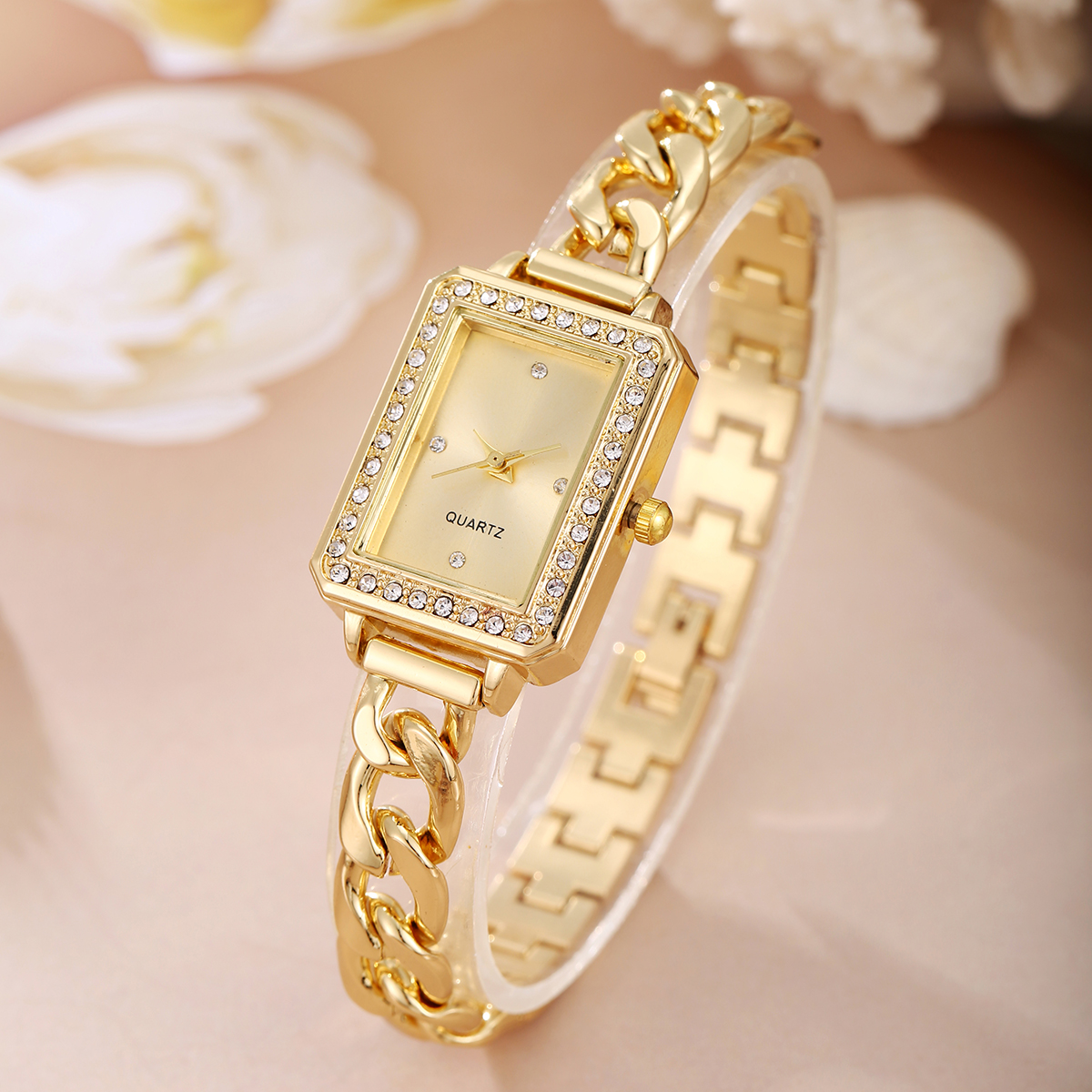 Ladies Watch Elegant Rectangular Pointer Quartz Watch Luxury Rhinestone Simulation Sleeve Bracelet Wrist Watch