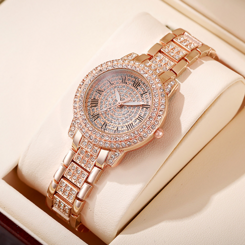 Watch female niche high-grade sense inset diamond British watch students rose gold Roman pattern full diamond women's watch wholesale