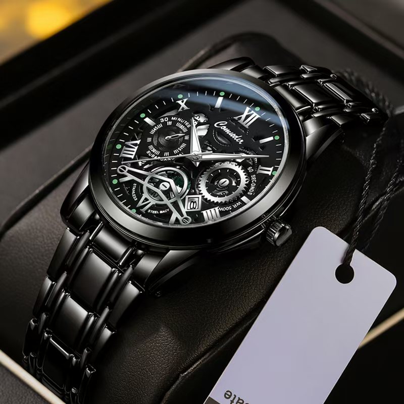 Barrel-Shaped Hollow Men's Quartz Watch - Waterproof Luminous Design with Calendar Feature