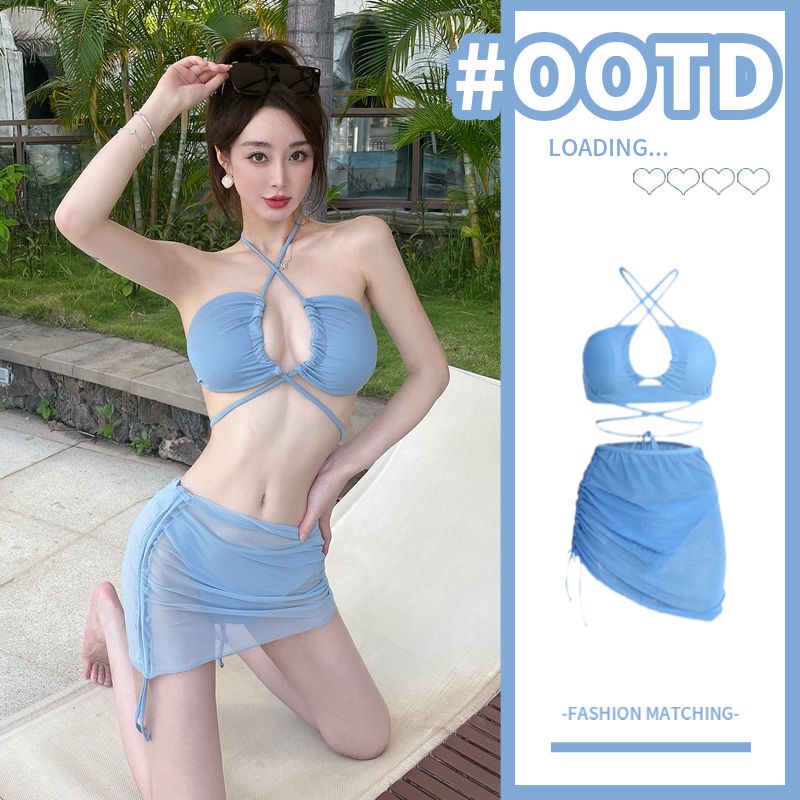 【泳裝爆款】分體泳衣 性感綁帶比基尼三件式 2023新款 韓國ins風時尚泳裝 小胸集中爆乳比基尼泳衣度假溫泉泳裝