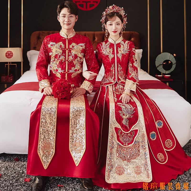 亮片秀禾服男女套裝2022新款新娘結婚中式婚紗情侶婚服顯瘦敬酒服ins甜美