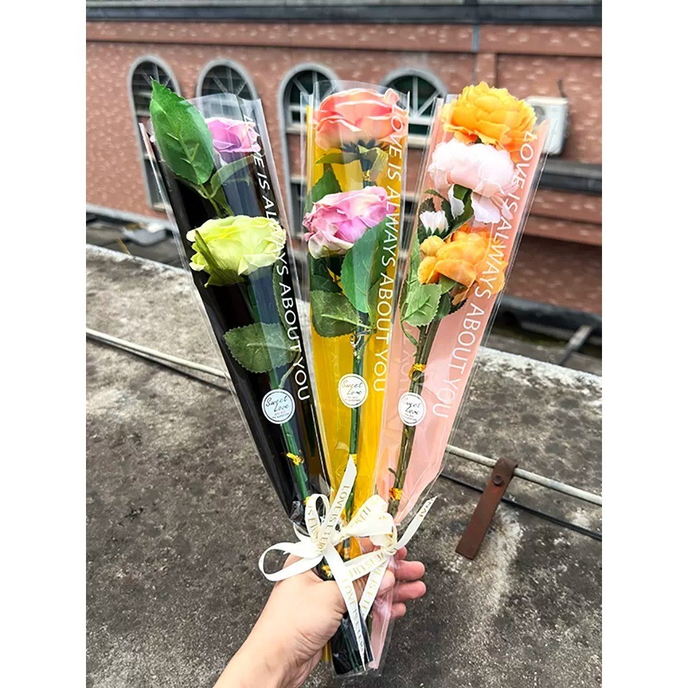 台灣現貨【甜蜜英文鮮花袋】韓風半透明OPP三角花套 單支玫瑰小花束包裝 花店送禮耗材