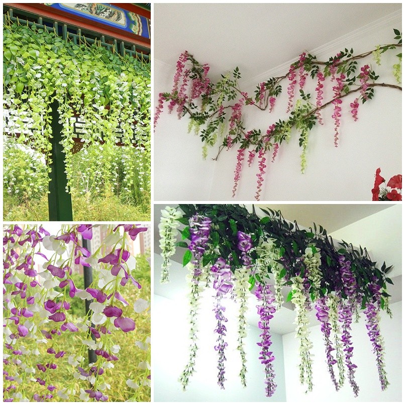 台灣現貨【仿真紫藤花串藤蔓】110cm垂墜絹花花串 加密一般款 婚禮攝影牆面櫥窗佈置 造景布置 花藝材料