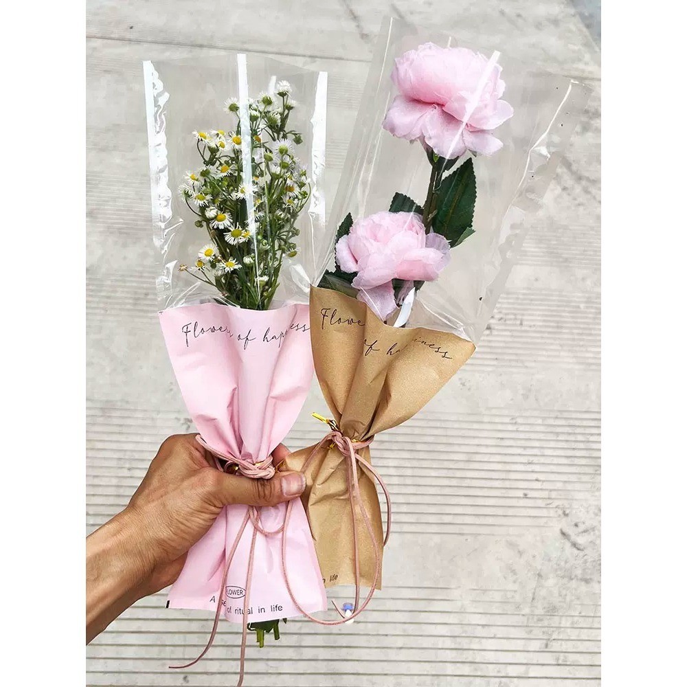 台灣現貨【透明牛皮紙花套】IG風韓系花束包裝袋 單支玫瑰康乃馨小花束 花店耗材送禮畢業花束