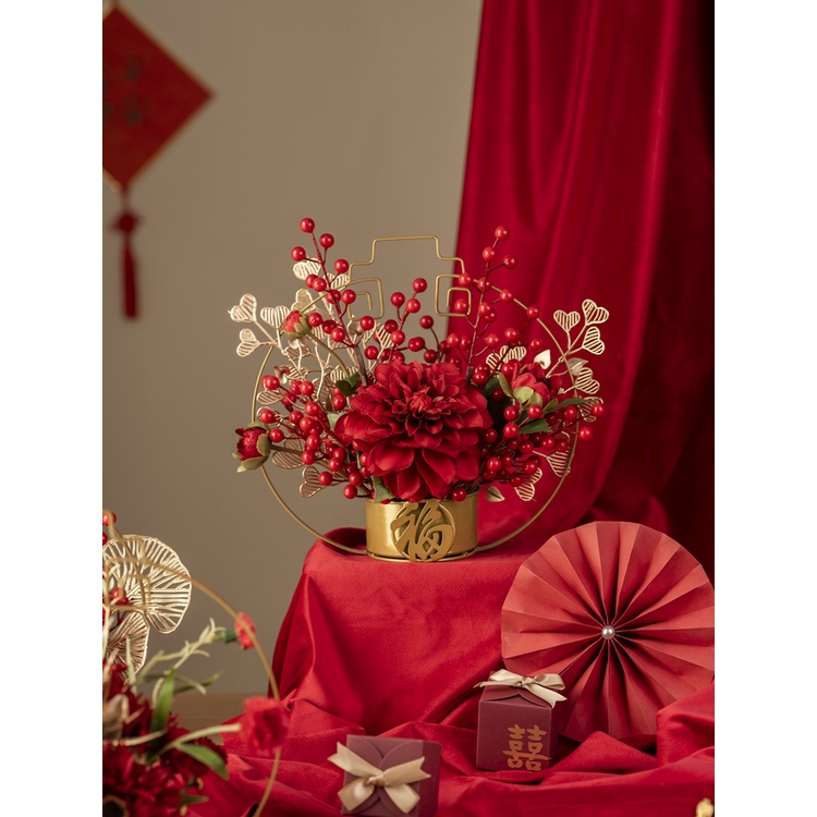 台灣現貨【桌面花籃擺件】新中式紅金福字金架花籃 包裝材料 花束配件 節慶包裝 居家佈置 拍照打卡