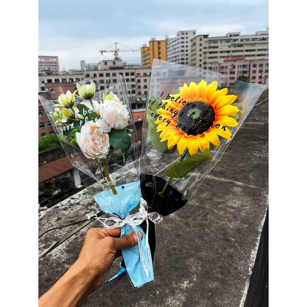 台灣現貨【透明雙色寬版花袋】OPP韓系IG風花束包裝 單支玫瑰單朵花袋 拍照送禮包裝材料