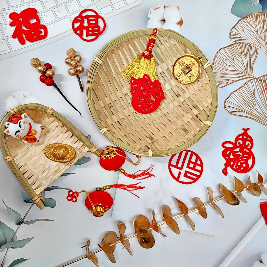 台灣現貨【竹編畚箕竹篩】新年古風佈置掛飾 牆面門口盆栽可用 手工竹編 可搭春字福字DIY多款選 新年佈置 裝飾掛飾