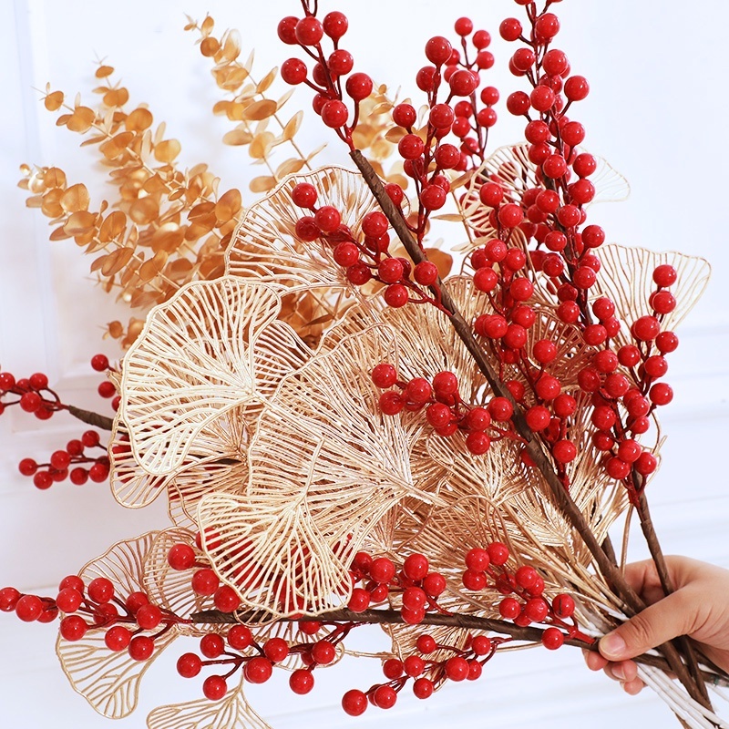 台灣現貨【金漆仿真葉材】短枝好插盆栽 迎春春節開市佈置 買1送1 花藝DIY 新年佈置 花藝材料