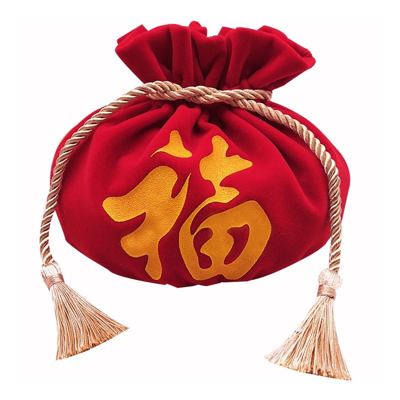 台灣現貨【新年福字絨布束口袋】大紅福袋抽繩流蘇 禮物紅包糖果收納 年節開市佈置 多尺寸 包裝材料