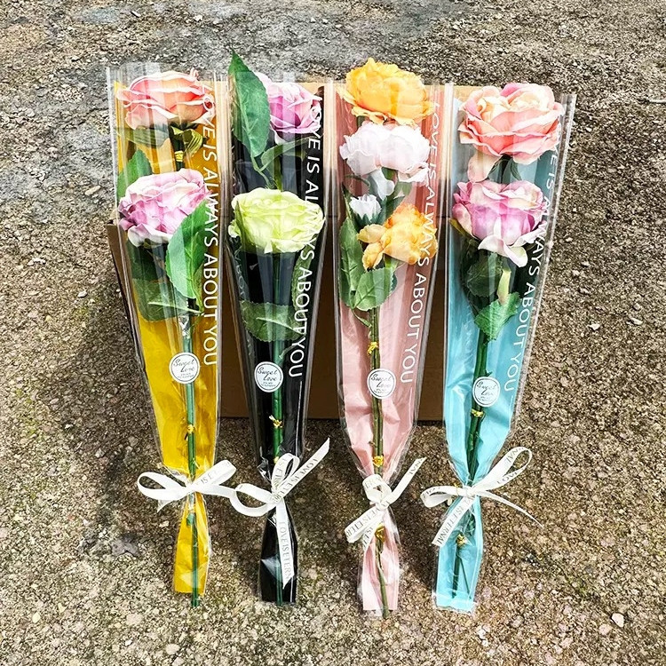 台灣現貨【甜蜜英文鮮花袋】韓風半透明OPP三角花套 單支玫瑰小花束包裝 花店送禮耗材