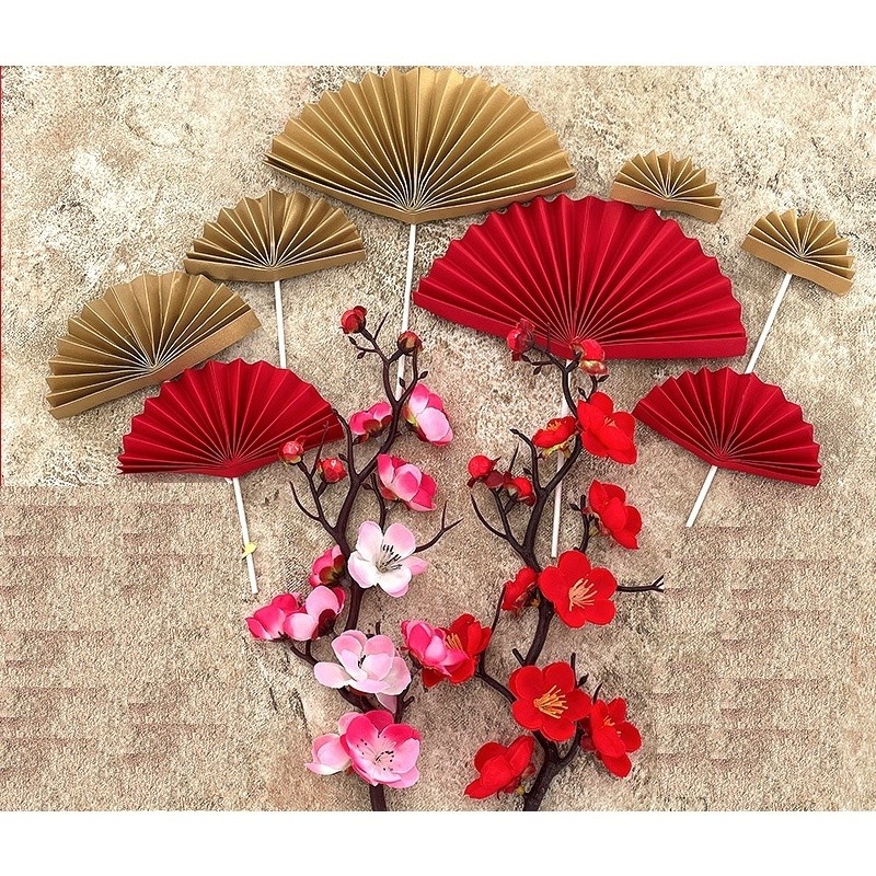 台灣現貨【新年花藝造型扇子】金扇紅扇國畫扇書法扇 卡插插花盆栽佈置 新春手作櫥窗 新年佈置 花藝插件