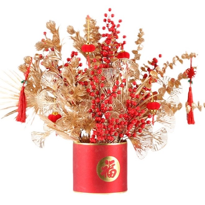 台灣現貨【新年紅金仿真花材】金漆植物冬青紅果插花素材 玄關客廳櫥窗佈置 花瓶盆栽桌花搭配 單款 花藝材料 新年佈置