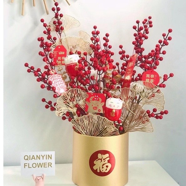 台灣現貨【新年紅金仿真花材】金漆植物冬青紅果插花素材 玄關客廳櫥窗佈置 花瓶盆栽桌花搭配 單款 花藝材料 新年佈置
