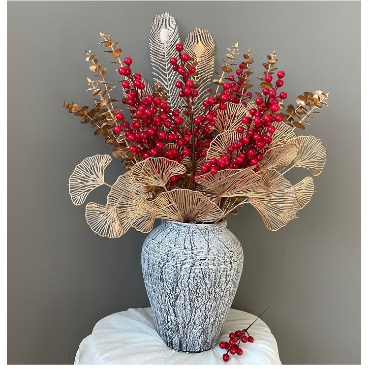台灣現貨【新年紅金仿真花材】金漆植物冬青紅果插花素材 玄關客廳櫥窗佈置 花瓶盆栽桌花搭配 單款 花藝材料 新年佈置