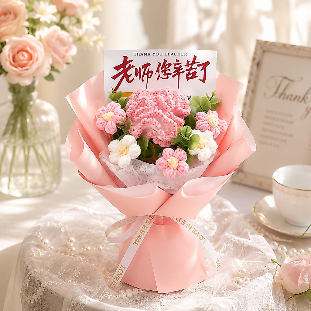 台灣現貨【康乃馨針織花束】25cm粉紫香檳康乃馨毛線花束 送老師畢業禮物 閨蜜送禮 櫥窗提袋燈串 畢業花束 生日禮物
